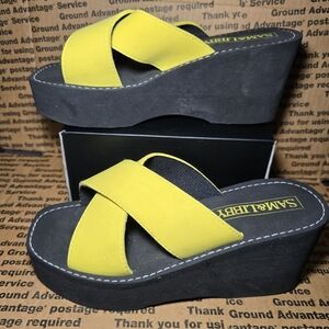 Vintage/Y2K Sam & Libby Platform Wedge Sandals-Womens 7-Black/Yellow-summer,
